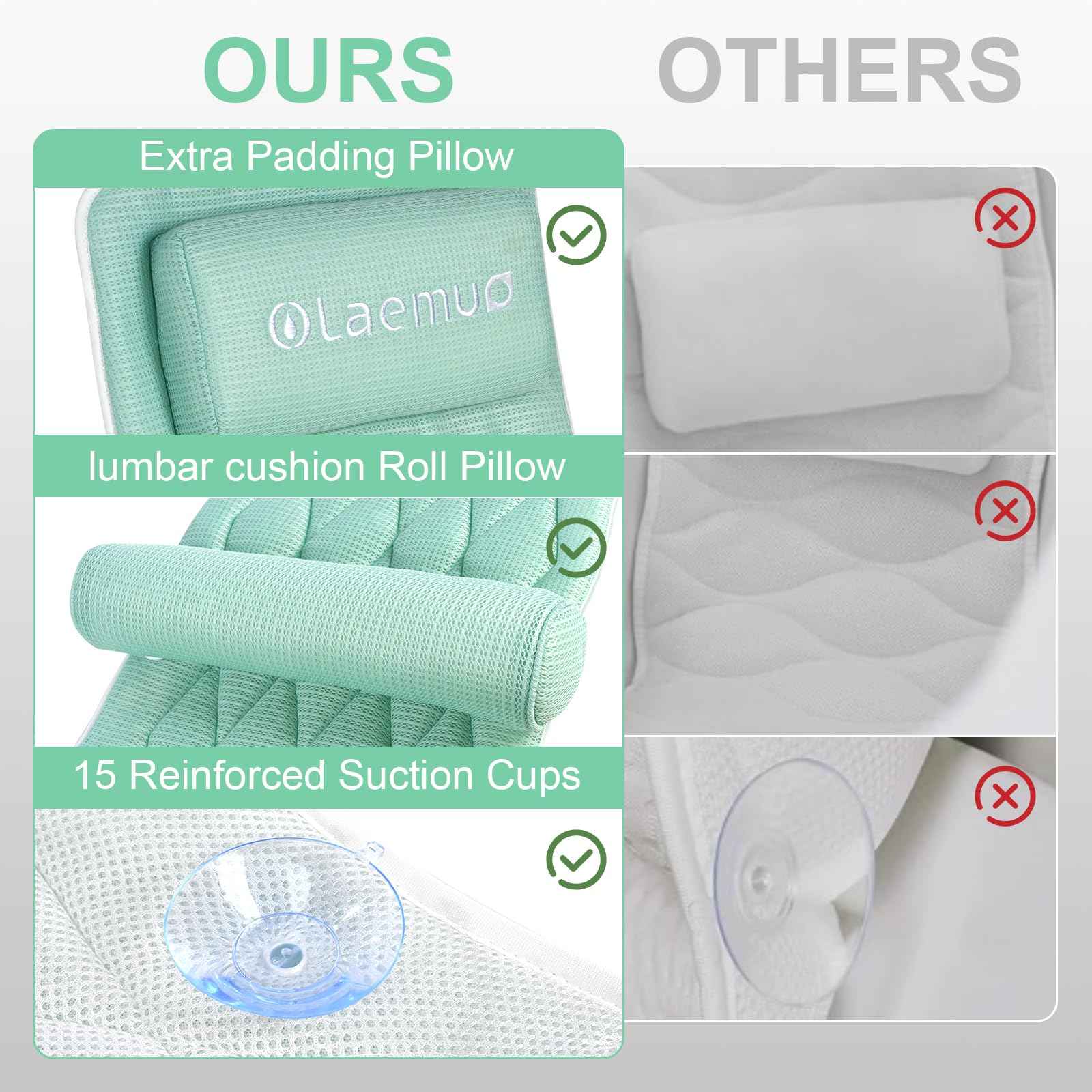 Full Body Bath Pillow Bathtub Pillows-Removable Lumbar Cushion with 17 Non-Slip Suction Cups 4D Air Mesh Fit Any Tub Luxury Bathroom Accessories-Green