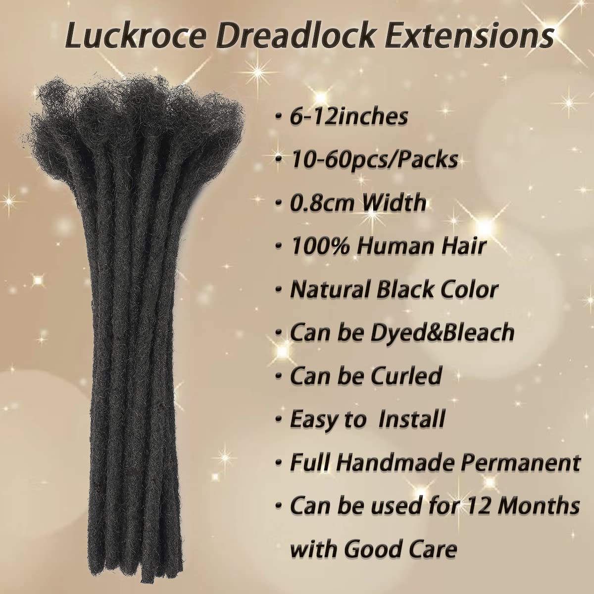 Medium 0.8cm Width 12 Inch 10 Strands 100% Human Hair Dreadlock Extensions for Men/Women/Kids 0.8cm Width Full Hand-made Permanent Dread Loc Extensions Human Hair Can be Dyed and Bleached