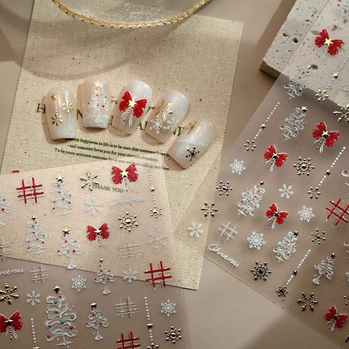 Christmas Nail Art Stickers 5D Embossed Christmas Nail Decals with Snowflake Xmas Tree Bow Design Self Adhesive Winter Nail Art Supplies for Women Girls Nail Art DIY 1 Sheet
