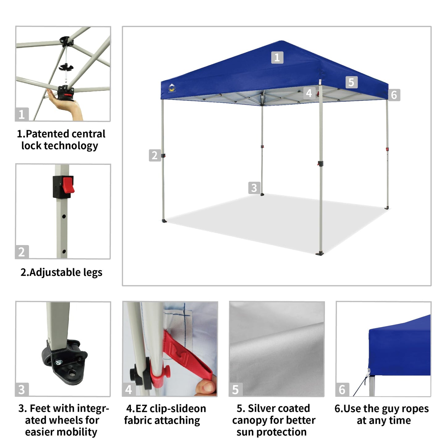 CROWN SHADES 8x8 Pop Up Canopy, Patented Center Lock One Push Instant Popup Outdoor Canopy Tent, Newly Designed Storage Bag, 8 Stakes, 4 Ropes, Silver-Coated Navy Blue