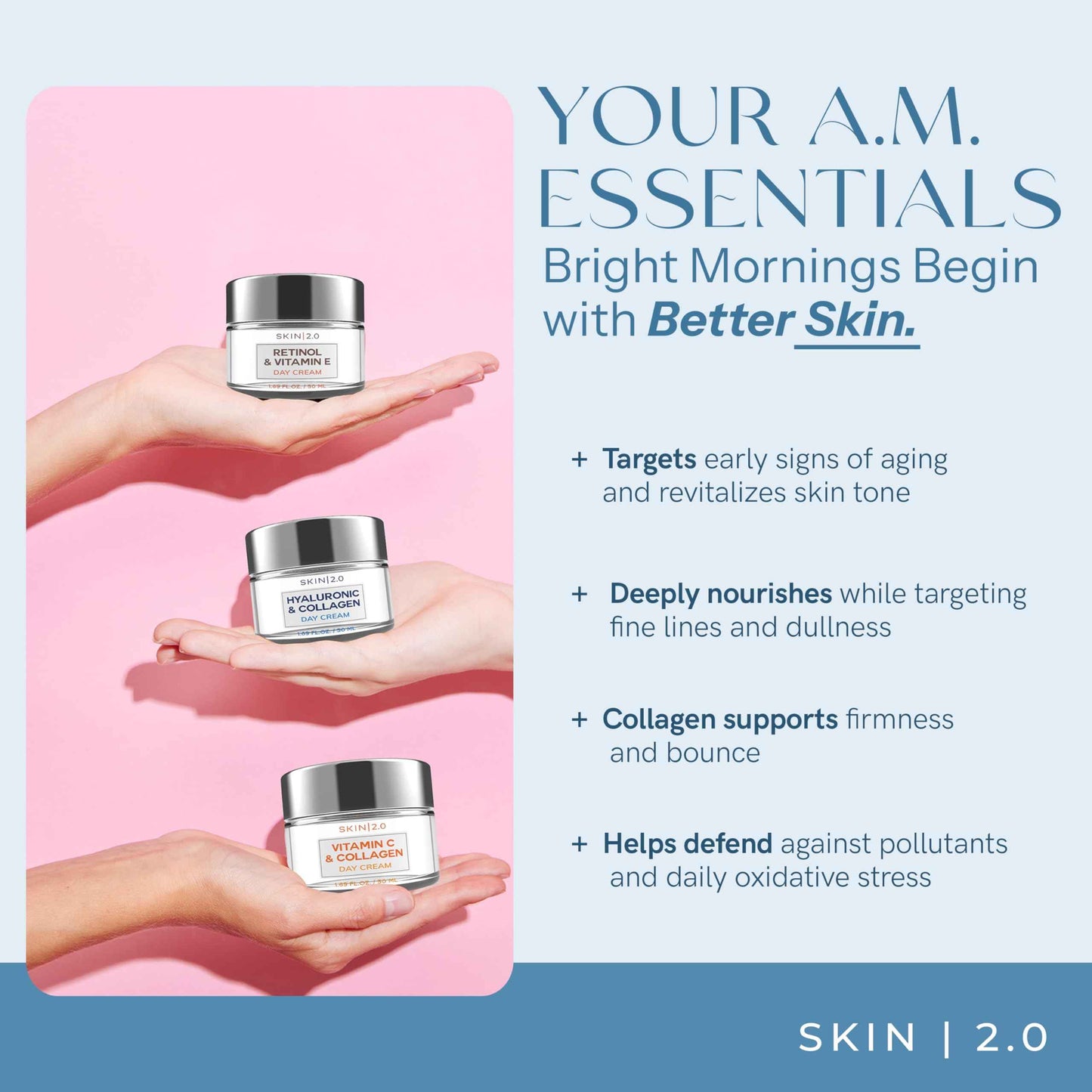 Skin 2.0 Moisturizer Creams Value Set - Dermatologist Tested, Hydrating - Anti-Aging, Clean Beauty, Natural Ingredients, Cruelty-Free Korean Skin Care for All Skin Types (3-Pack)