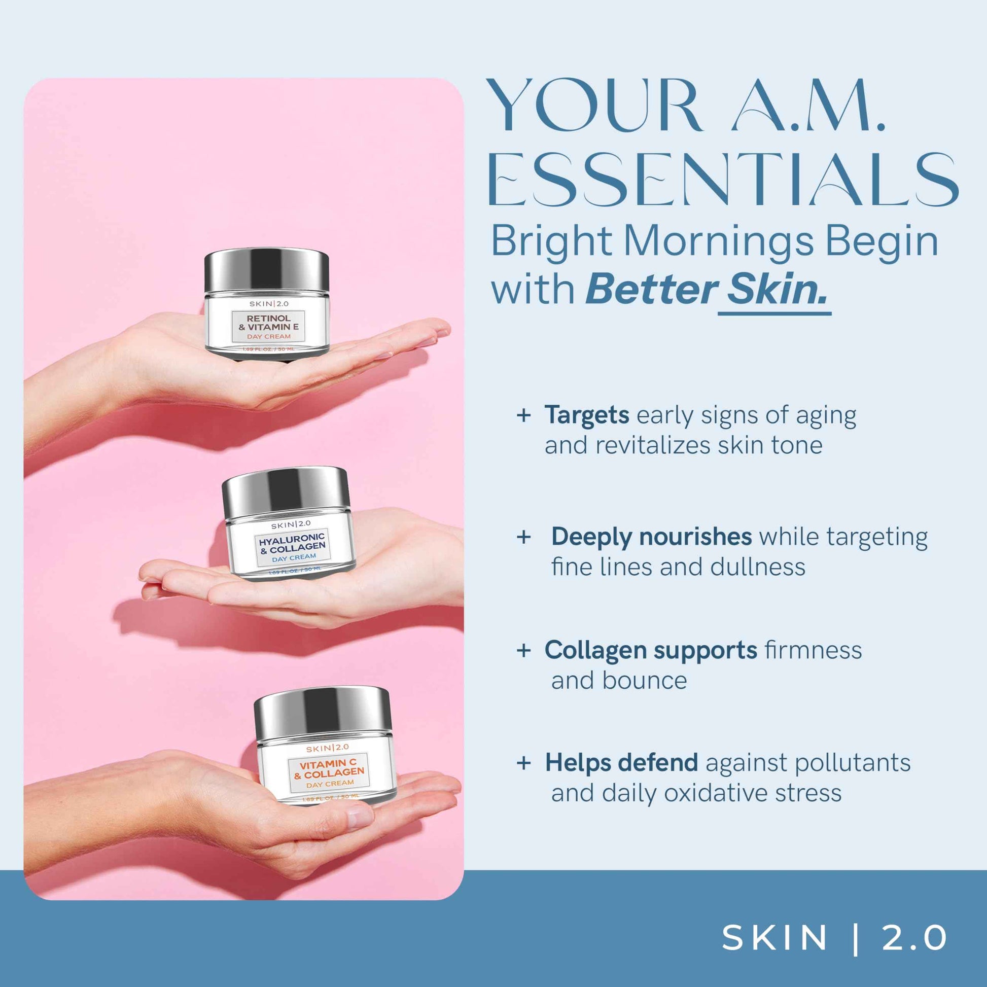 Skin 2.0 Moisturizer Creams Value Set - Dermatologist Tested, Hydrating - Anti-Aging, Clean Beauty, Natural Ingredients, Cruelty-Free Korean Skin Care for All Skin Types (3-Pack)