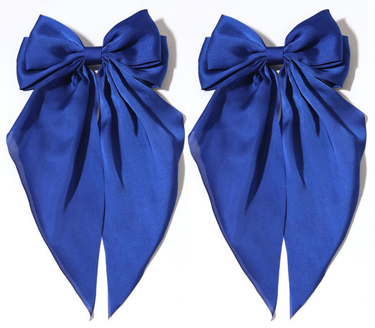 Furling Pompoms Hair Bows for Women - Pack of 2 Royal Blue Hair Bow Clips for Girls Satin Big Bows Long Tail Alligator Clip Ribbon Hair Barrette Hair Accessories for Bridal Bachelorette Party