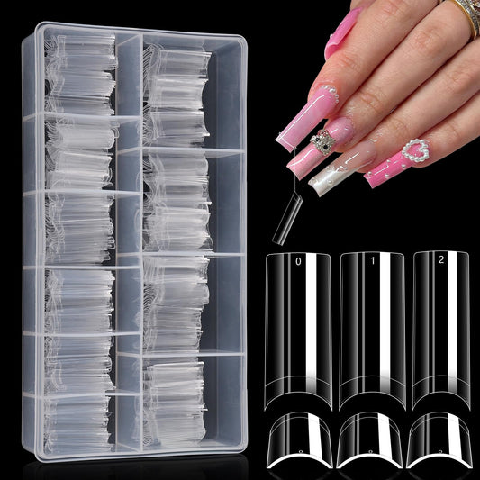 500PCS Clear Square Nail Tips, Quaferen XL No C Curve Nail Tips for Acrylic Nails Professional, Half Cover Tapered Square Straight Nail Tips, Flat Traceless Acrylic Nail Extension Tips Fake Nails