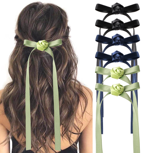 6 PCS Hair Bow Clips for Women Satin Silk Hair Bows with Long Tails Nonslip Hair Ribbon Bowknot Clip Green Black Bows for Girls Women