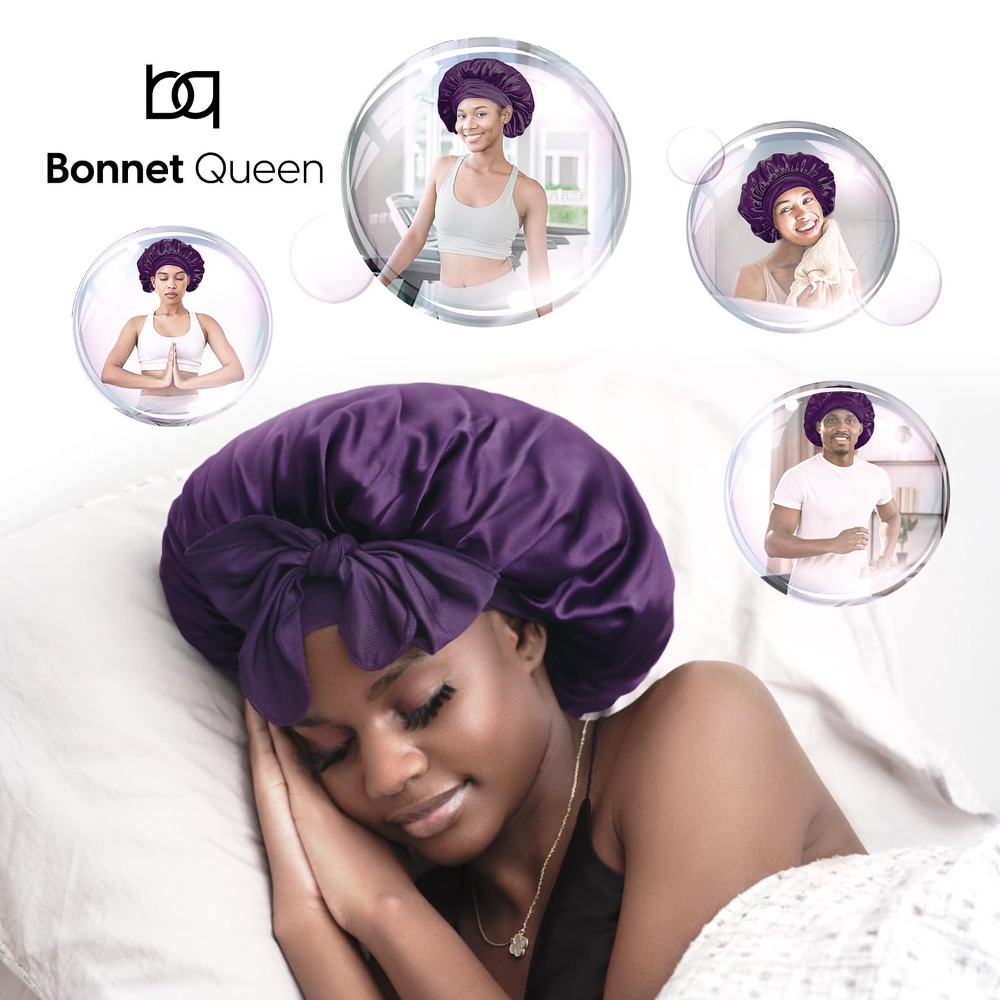 BONNET QUEEN Silk Bonnet for Sleeping Women Satin Bonnet Hair Bonnet Night Sleep Cap Scarf wrap for Curly Hair with tie Band Purple