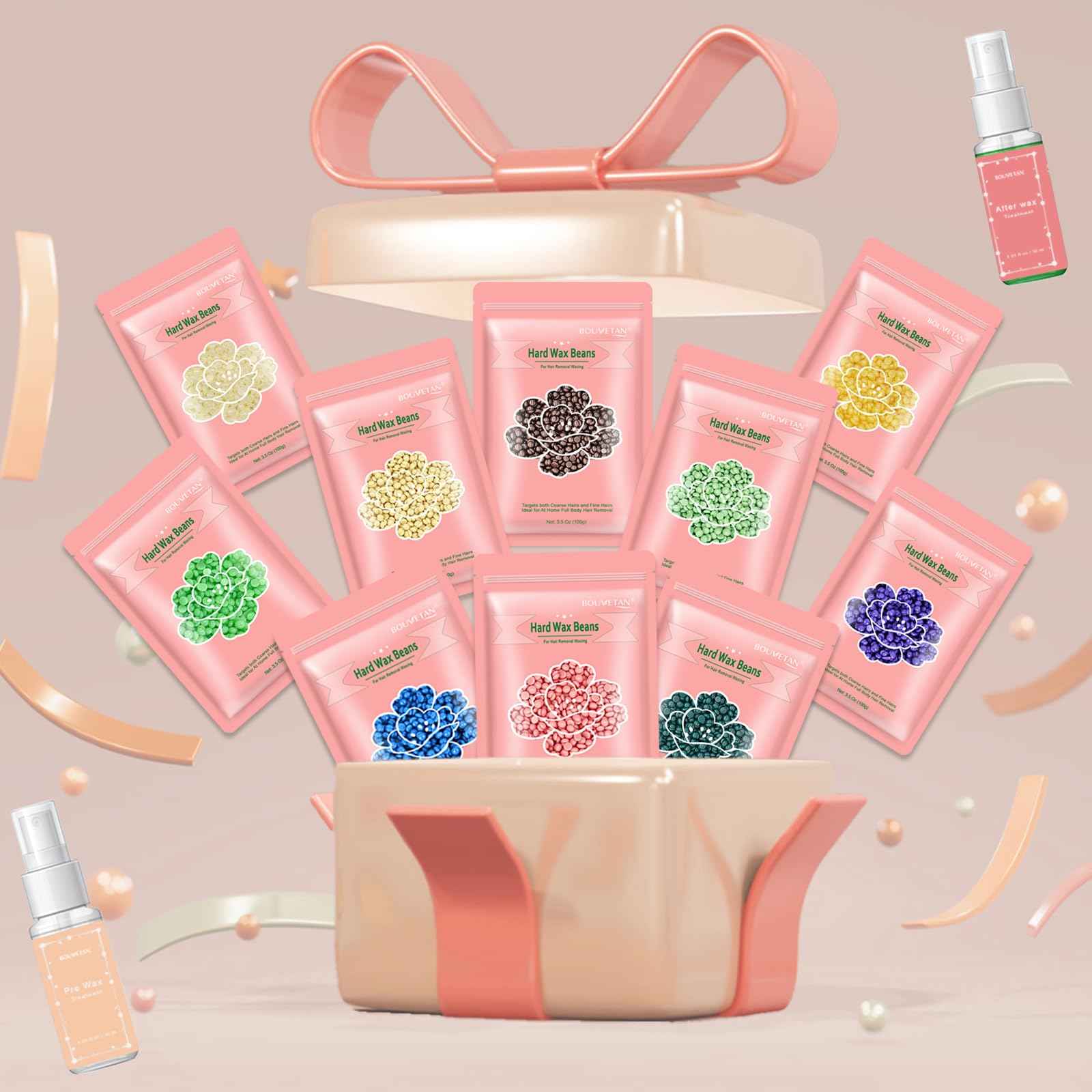 Bouvetan Wax Beads for Hair Removal, 2.2lb/1000g Hard Waxing Beans for Full Body, Brazilian, Bikini, Face, Eyebrows, Home Wax Refill for Women & Men, Pack of 10 with Pre & Post Oil