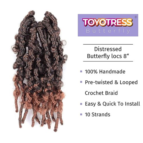 Butterfly Locs Crochet Braids - 7Pcs Ombre Brown Pre-twisted Short Bob Synthetic Faux Locs Hair Extensions (8 Inch, T30-7P)