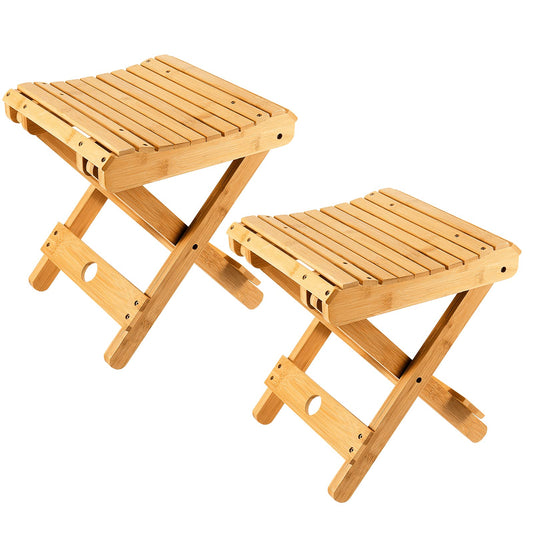 PINGEUI 2 Packs 11 x 11 x 12.6 Inches Natural Bamboo Folding Stool, Portable Bamboo Foldable Step Stool for Shaving, Shower, Foot Rest, Picnic, Fishing, Max Load 220 Lbs, Fully Assembled