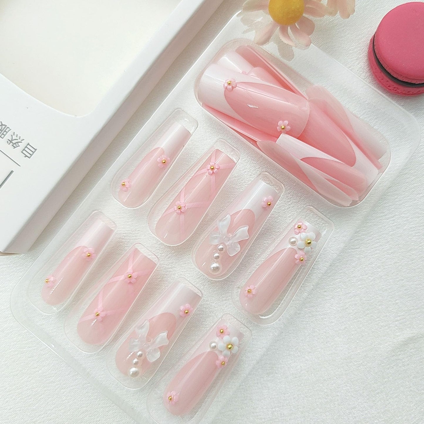 White French Tip Press on Nails Long Square Acrylic Nails, Flowers & White Bows Fake Nails Light Pink Translucent Glue on Nails Luxury Pearls & Glossy Stick on Nails for Women 24Pcs