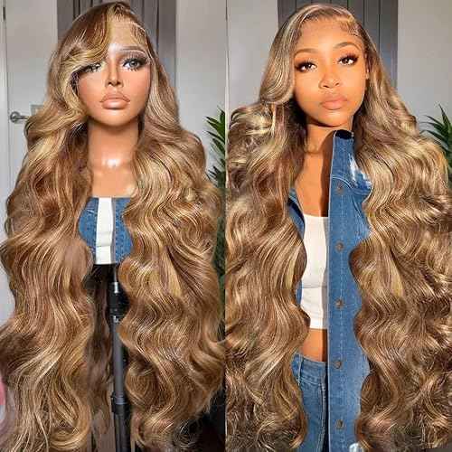 Glueless Honey Blonde Wig Human Hair 28 Inch 13X6 HD Ombre Lace Front Wig Human Hair Highlight Lace Front Wig Human Hair Pre Plucked Pre Cut Wear And Go Wigs Not Fall Out No Knots