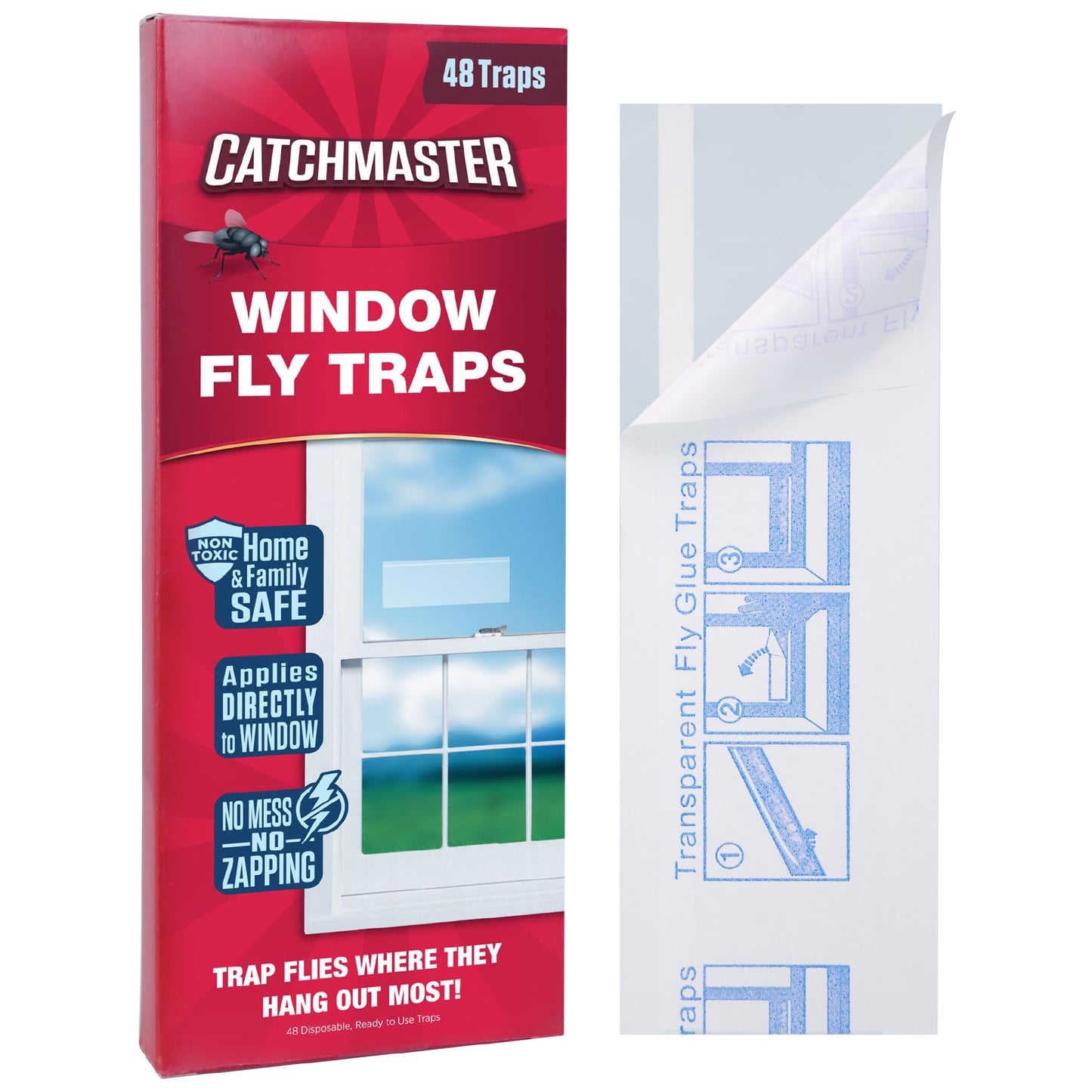 Catchmaster Window Fly Traps 12-Pack, Fruit Fly Traps for Indoors, Disposable Bulk Bug Catcher, Waterproof Insect Glue Trap, Adhesive Fly Strips, Pet Safe Pest Control for Home, Kitchen, & Garage