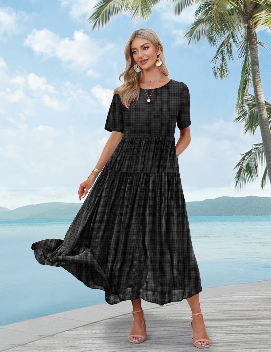 YESNO Women Casual Loose Bohemian Floral Dress with Pockets Short Sleeve Long Maxi Summer Beach Swing Dress (S EJF Solid C Black)