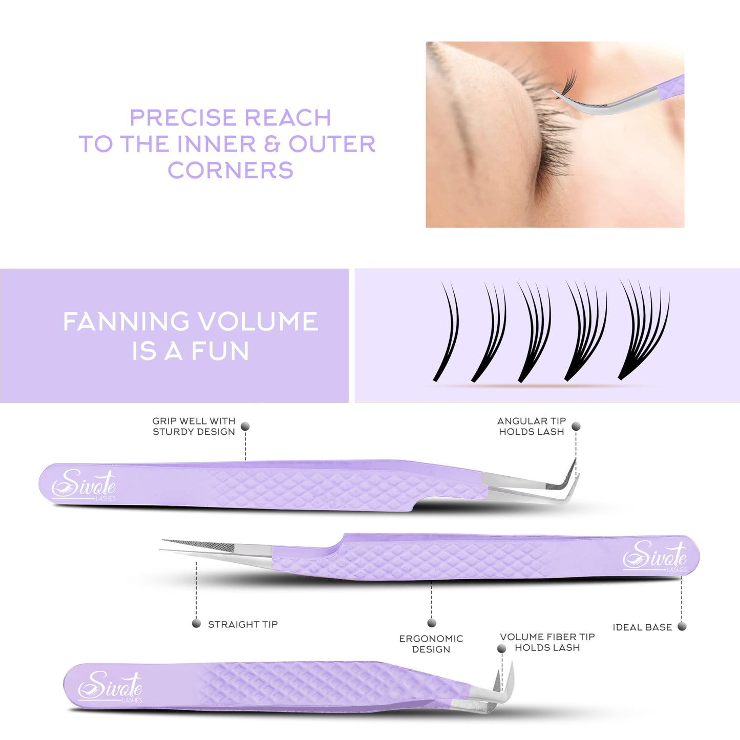 SIVOTE Lash Tweezers for Eyelash Extensions, Pack of 5 Purple – Lash Extension Tweezers Set with Diamond Grip, Precision Fiber Tip for Volume Eyelash Extensions