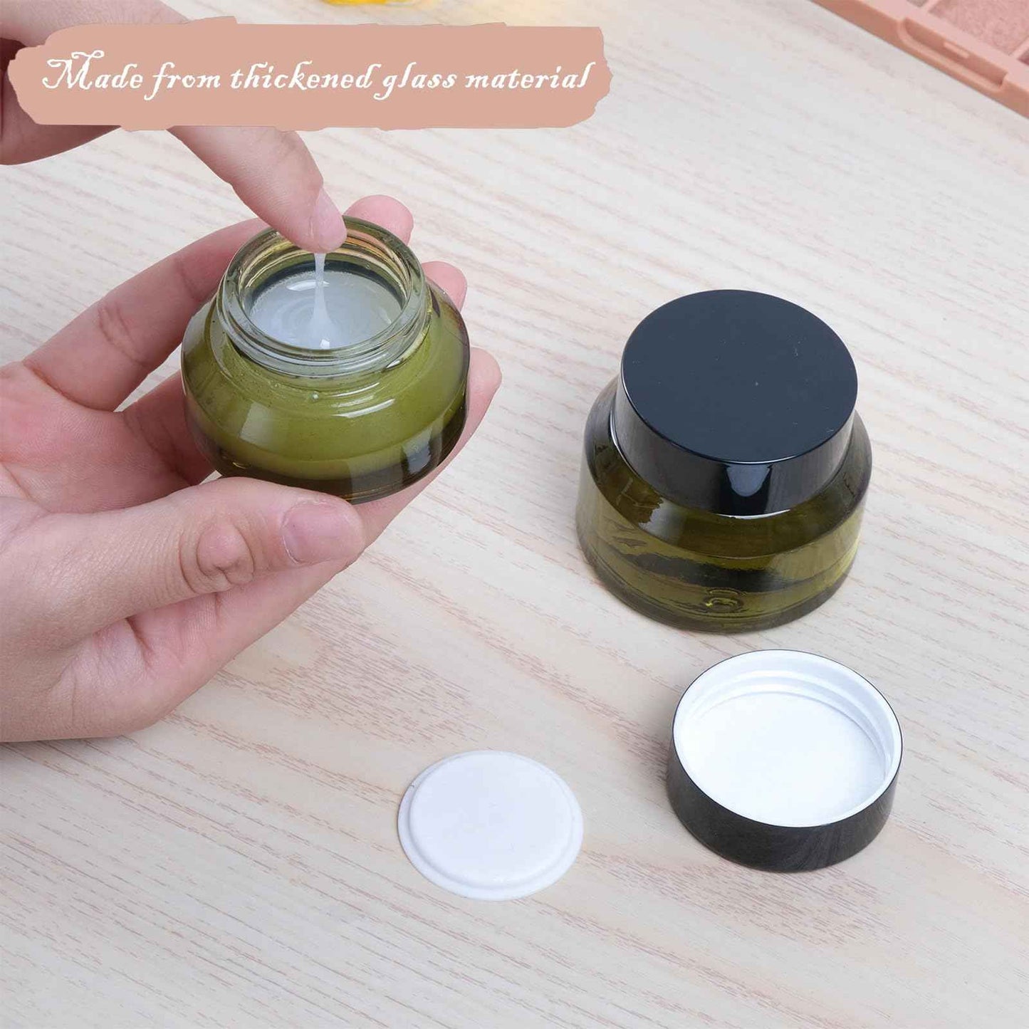 TkoYuHm 12 pack Glass Cosmetic Jars with Lids Small Lotion Containers for Traveling Green Empty Skincare Container for Face Cream Toiletries Makeup (1oz)