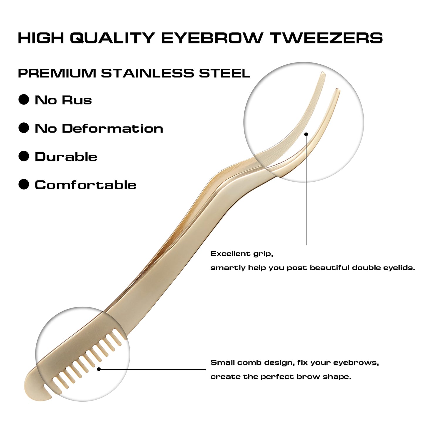 2 in 1 Lash Tweezer with Comb, Eyelash Extension, Stainless Steel Elbow Tweezers, Precise Eyebrow Tweezers Tool, Lashes Tweezer Applicator for DIY Applying False Eyelashes Clusters, Gold