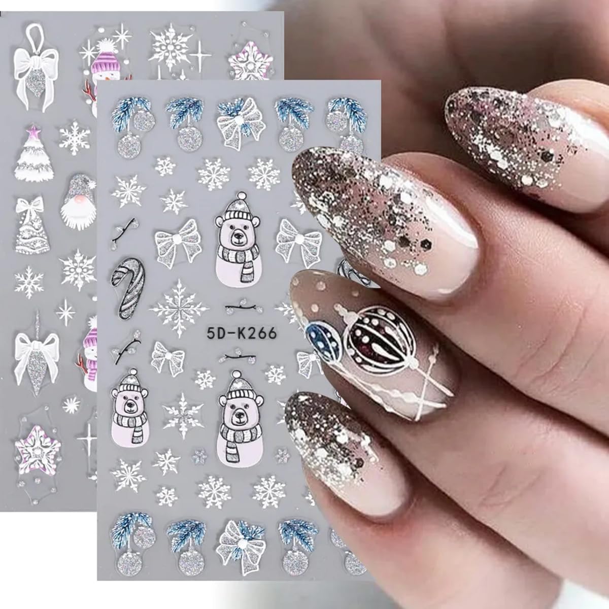 8 Sheet Christmas Nail Stickers for Nail Art 3D Snowflake Nail Art Stickers Self-Adhesive Xmas Nail Supplies Laser Gold Snowmen Elk Bell Nail Art Designs Holiday Nail Decals for Women Nail Decoration