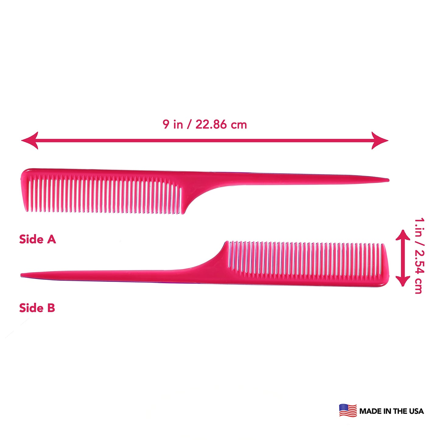 Allegro Combs 61 XL Rat Tail Combs Wide Tooth Comb Detangling Hair Styling Coarse Hair Foiling Thick Back Parting Combs Hairstylist Combs For Women Made In USA 3 Pc. (Pink)