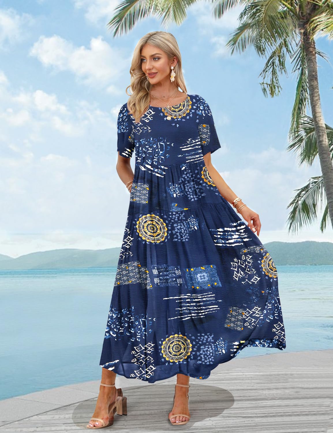 YESNO Women Casual Loose Bohemian Floral Dress with Pockets Short Sleeve Long Maxi Summer Beach Swing Dress S EJF CR176