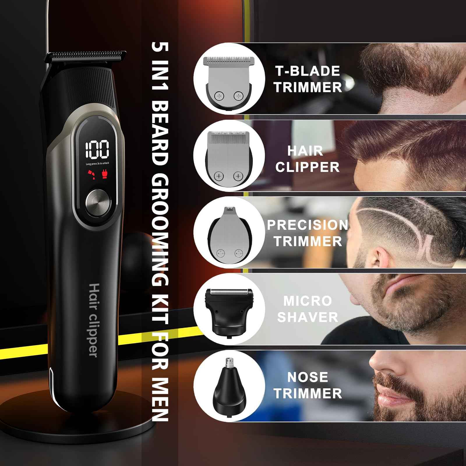 RUIBO Hair Clippers for Men Professional 5 in 1 Cord/Cordless Beard Nose Ear Body Grooming Hair Clipper Trimmer with Smart Charge Technology (Gray)