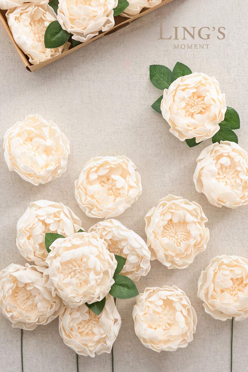 Ling's Moment Flowers 16pcs Cream Blooming Peonies Artificial Flowers with Stem, Artificial Peony Flowers for DIY Wedding Decorations Centerpieces Bouquets Boutonnieres