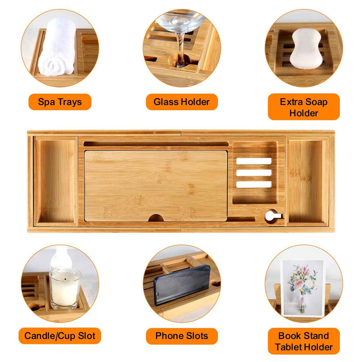 Premium Bamboo Bathtub Caddy Tray with Extending Sides, Adjustable Wood Bath Tray for Luxury Bath, Fits Most Tubs, Accessories Gift Idea