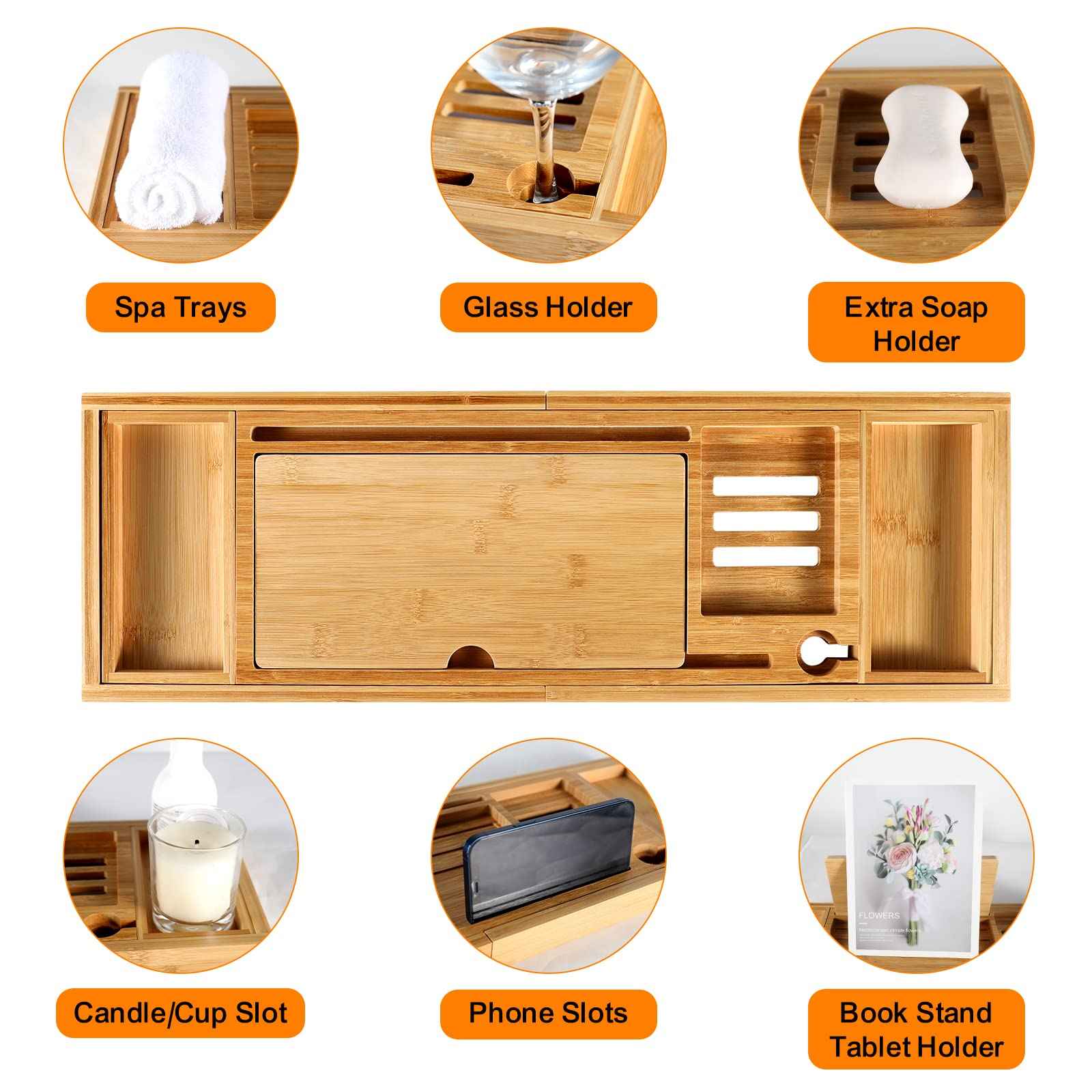 Premium Bamboo Bathtub Caddy Tray with Extending Sides, Adjustable Wood Bath Tray for Luxury Bath, Fits Most Tubs, Accessories Gift Idea