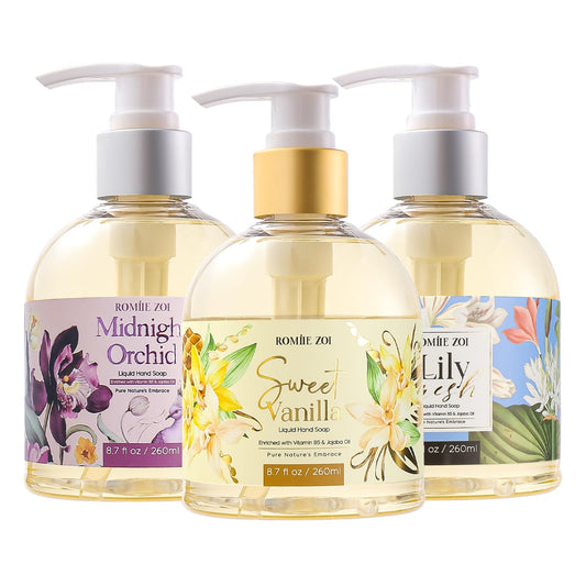 ROMIIE ZOI Liquid Hand Soap with Gift Box - Pure Nature's Embrace -260ml/ 8.7 fl.oz - Variety Pack of 3(Sweet Vanilla,Lily Fresh,Midnight Orchid)