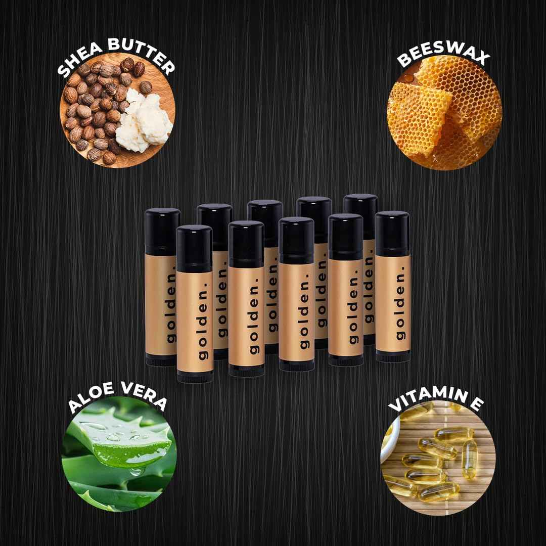 Golden Grooming Co. Lip Balm Set for Men - Soothing & Moisturizing Lip Balms for Dry, Cracked, Chapped Lips - Infused with Aloe Vera & Vitamin E - Vanilla Scent - Pack of 10