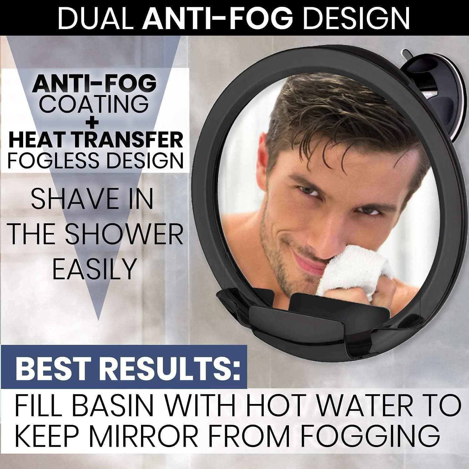 MIRRORVANA Dual Antifog Shower Mirror for Shaving - Shatterproof Mirror with Razor Holder, Upgraded Suction, 360° Swivel (8" Round, Black)
