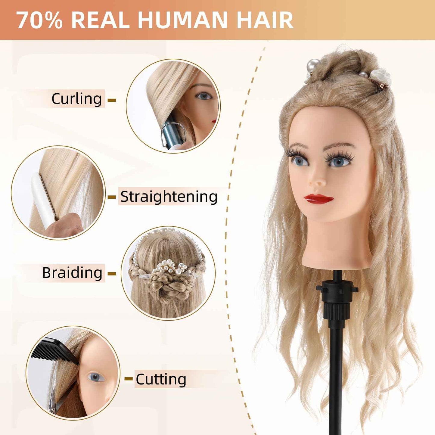 Mannequin Head Human Hair, 24”Mannequin Head with 70% Real Hair Mannequin Cosmetology Manikin Practice Doll Head for hair styling Braiding Hairdressing Head with Table Clamp + DIY Hair Styling Set
