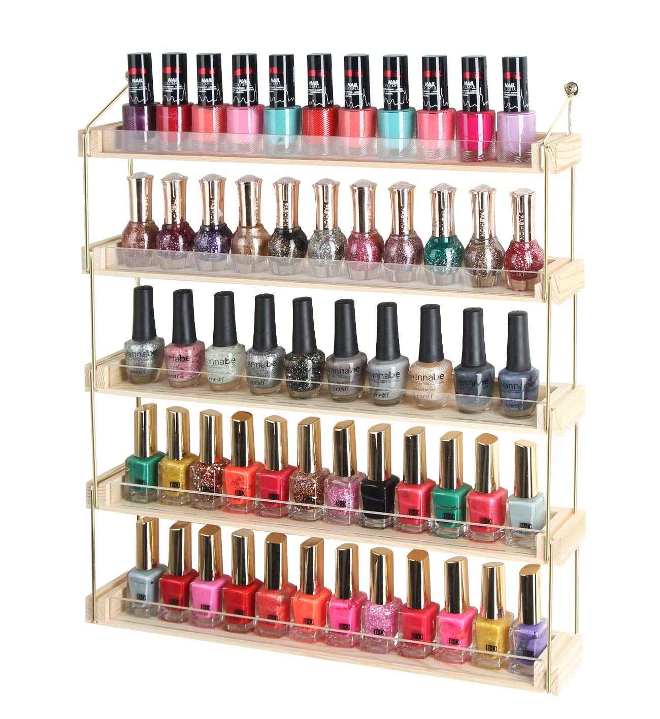 J JACKCUBE DESIGN Wall Mount Gold Metal and Wood Nail Polish Display Shelves Rack Organizer Holds 60 Bottles (5 Tier) - MK543A