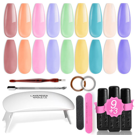 Lavender Violets 19pcs Gel Nail Polish Kit with UV Light 9 Candy Colors Manicure Gift Set with Base Top Matt Top Coat Essential Tools for Starter Easter Nail Art Design R664