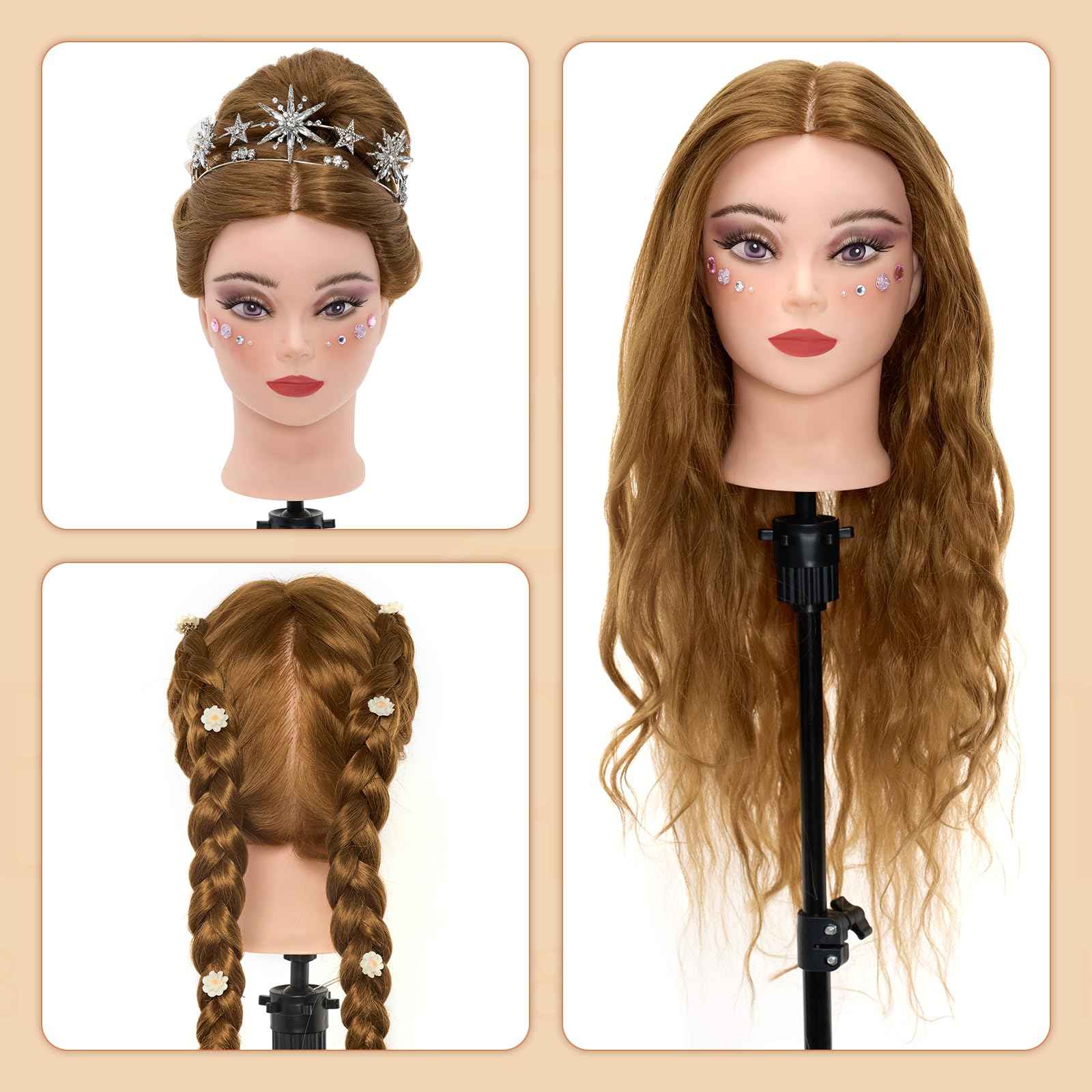 Mannequin Head with 80% Real Human Hair, 28“ Make up Cosmetology Manikin Practice Head with Hair,Braiding Hairdressing Doll Head with Table Clamp + DIY Hair Styling Set Suitable for Hair Extensions