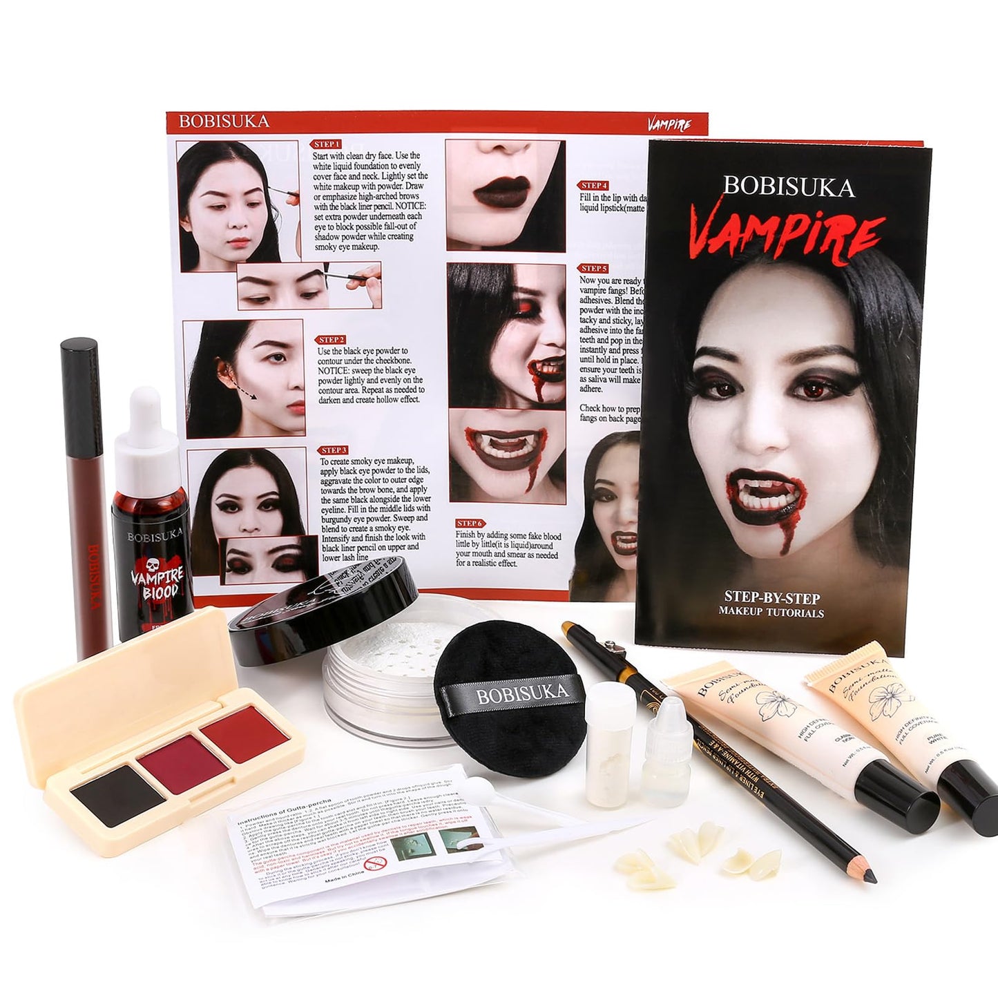 Halloween Vampire Makeup Kit, Complete Vampire SFX Make Up Set with Vampire Teeth Fangs, Fake Blood and White Foundation for Cosplay, Costume Party, Stage, Movies & Theater