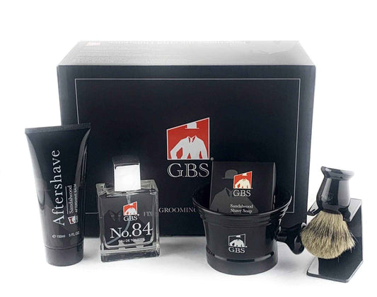 G.B.S Men’s Wet Grooming Shaving Set, Gift Boxed-Ceramic Black Shaving Mug with Knob Handle, Shaving Brush, Stand and Sandalwood Aftershave, Black