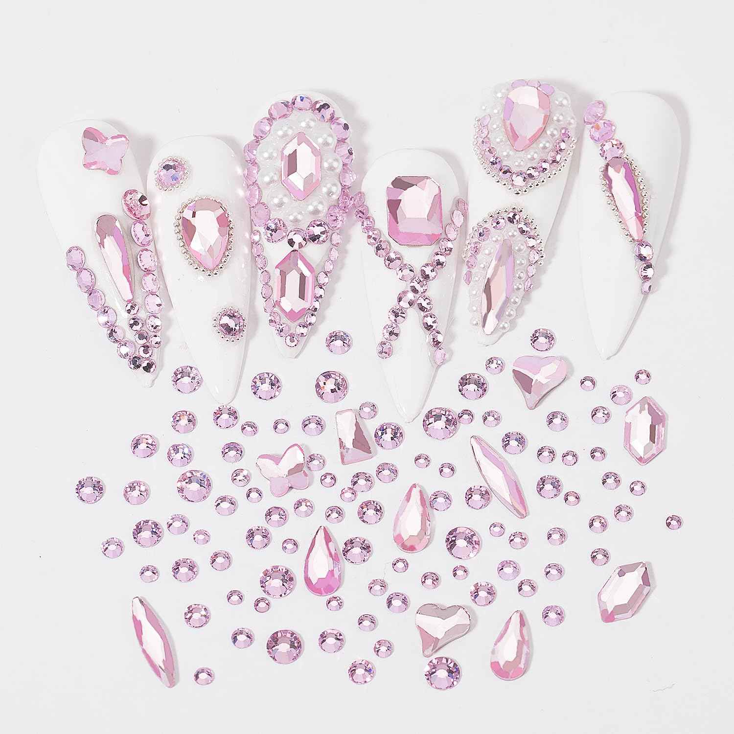 HNUIX Nail Rhinestones - 4550pcs Light Pink, Multiple Shape Gems, Flatback Crystal Rhinestones for Nails Decor Designs Kits