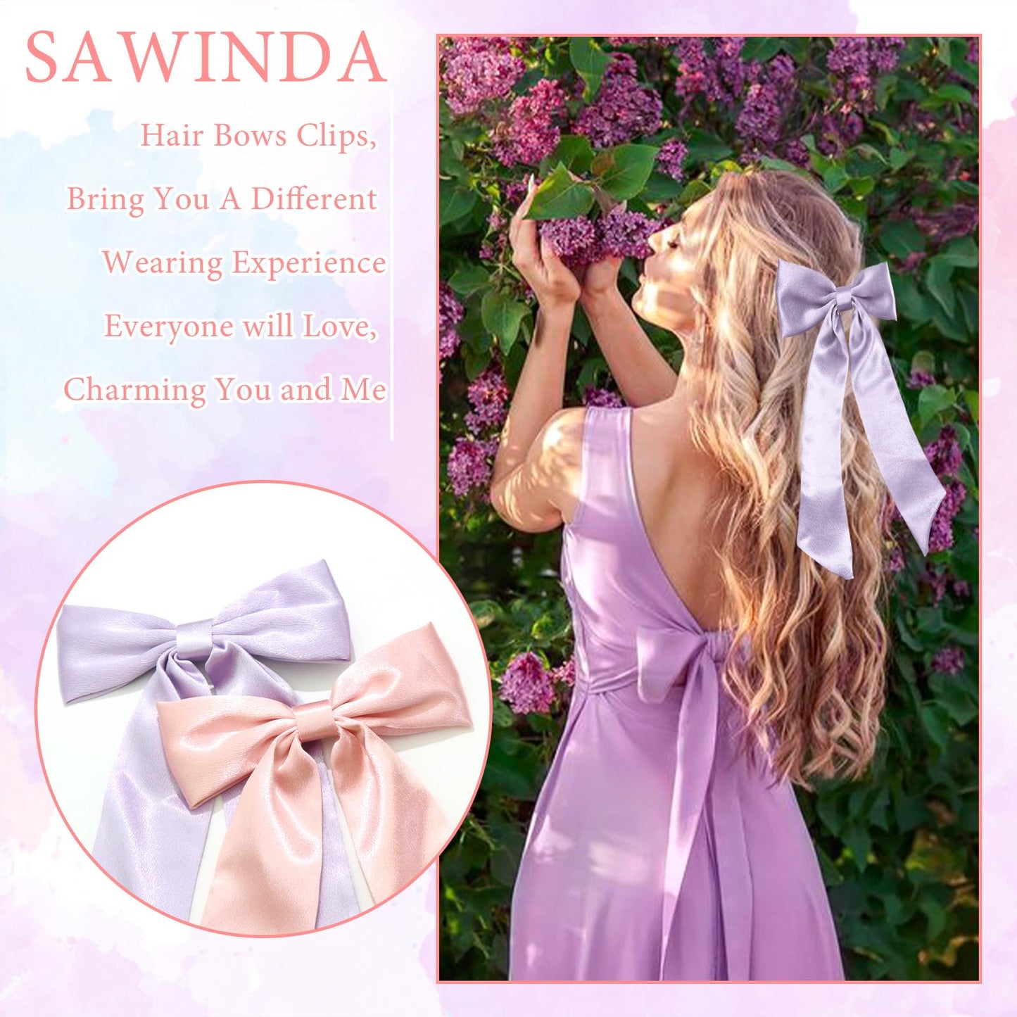 SAWINDA Pink Hair Bows for Women 2PCS Satin Hair Ribbon Hair Bows Metal Bow Hair Clips with Long Tail Hair Bows Wedding Prom Tassel Bowknot Hair Clips Hair Barrettes for Teen