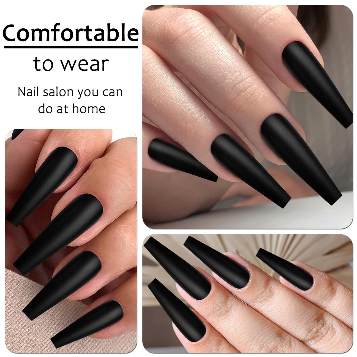 AddFavor XXL Extra Long Press on Nails Coffin Matte Fake Nails Full Cover Acrylic False Nails 12 Sizes 120pcs Black Nail Tips for Women Fingernails Manicure Design