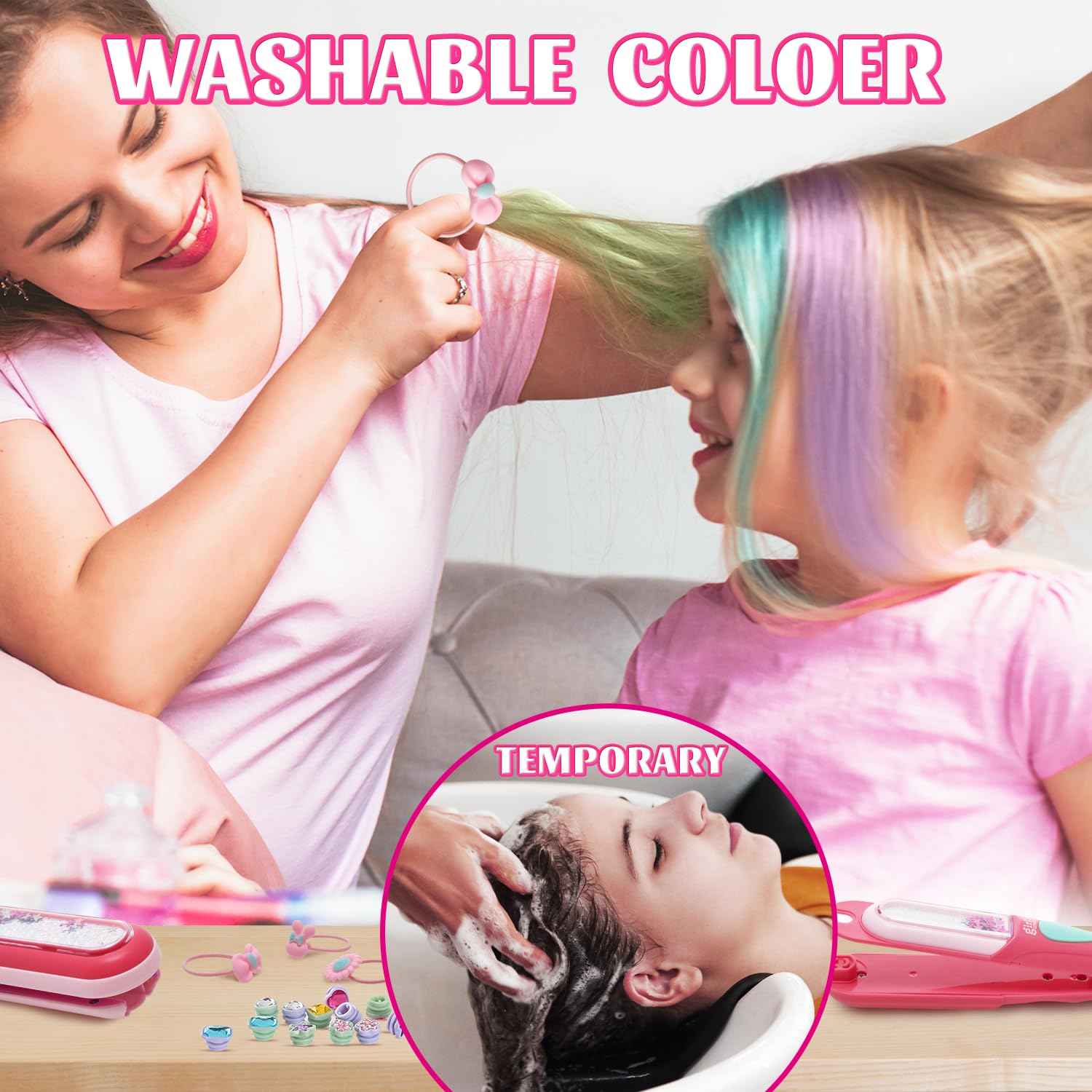Temporary Hair Chalk with Hair Gem Stamper Kit, Hair Styling Tool with REUSABLE Shining Diamonds, Washable Hair Chalk Hair Color Dye for Girls, Toys Gifts for Girls 3 4 5 6 7-12
