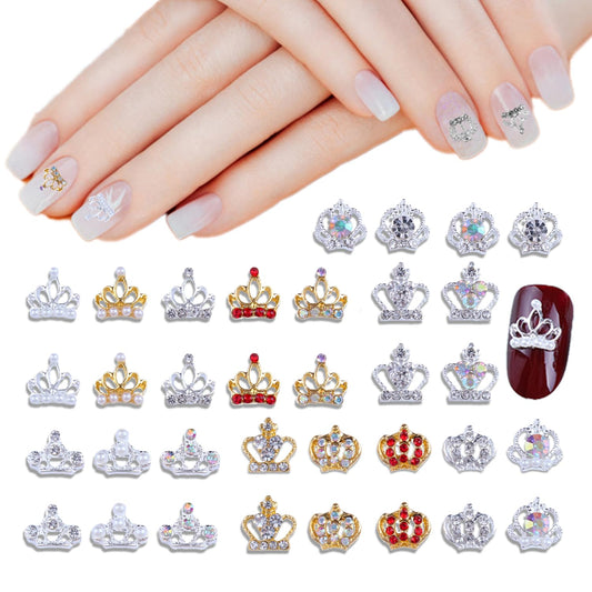 DANNEASY 34pcs 3D Crown Nail Charms Flat-back Crown Rhinestone for Nails Gold Silver Nail Jewels Crystal Charms for Nails Alloy Nail Studs Rivet Nail Art Decoration