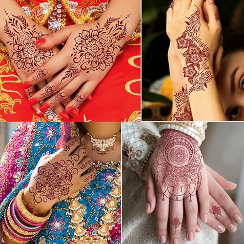 8 Sheets Brown Henna Tattoos Temporary Stickers Women Body Art Stickers for Wedding Party