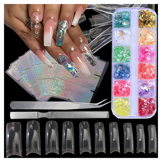 Clear French Nail Tips 500pc Acrylic Fake Nails Half Cover Artificial Nails, 24 Sheet Holographic Nail Stickers Vinyls, 12 Colors Iridescent Heart Glitter Sequins with Tweezers (NailTipsA)