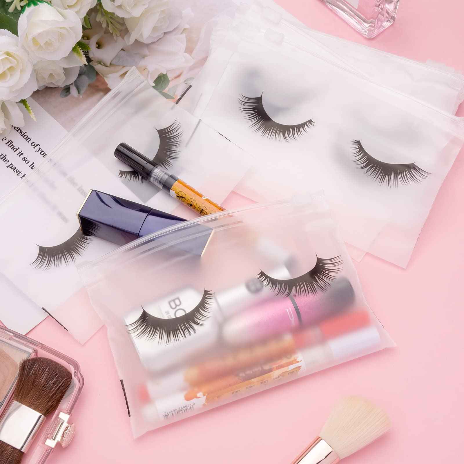 Noverlife 100PCS Eyelash Makeup Bags - Waterproof Plastic Makeup Bags with Zipper, Toiletry Pouch Cosmetic Bags for Clients
