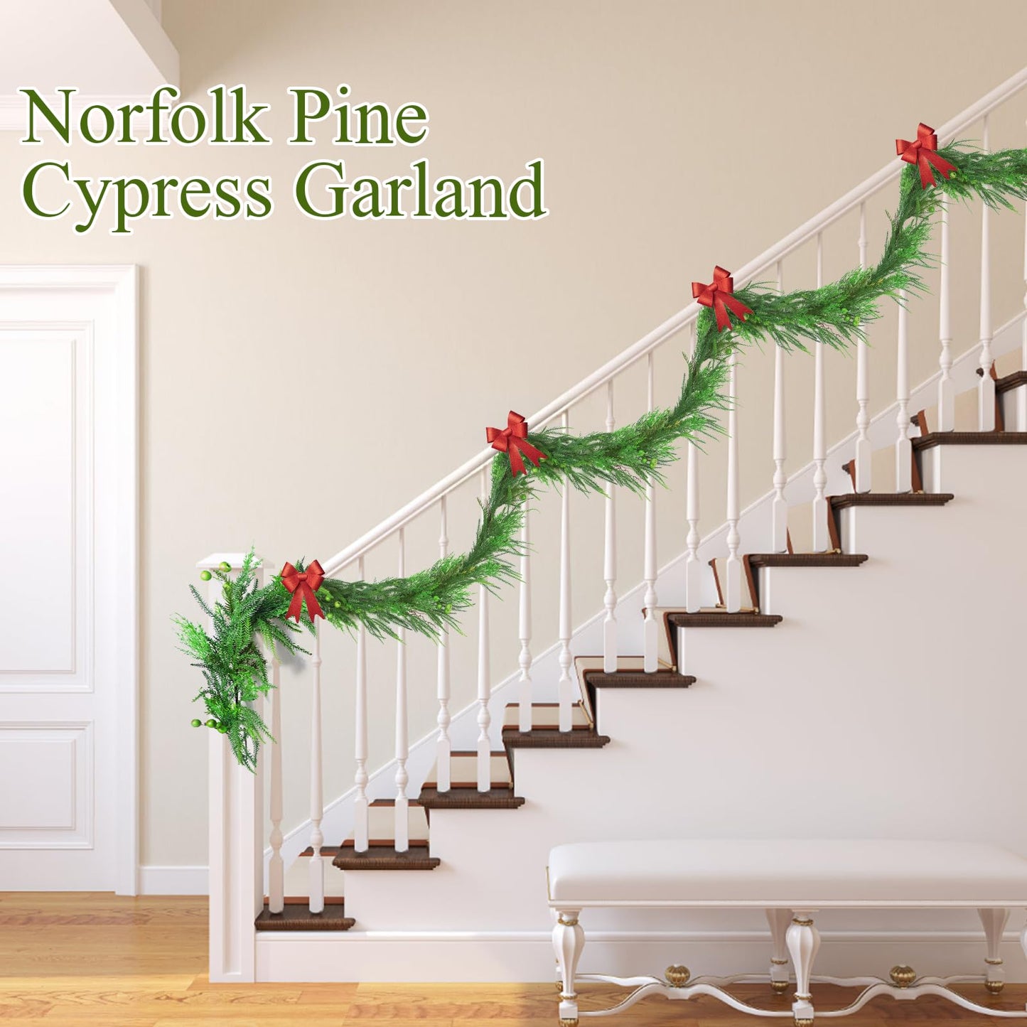 Norfolk Pine Cypress Garlands with Green Berry, 6Ft Artificial Soft Christmas Pine Garland with10Ft Light String, Green Real Touch Greenery Garland for Table, Mantle, Premium Christmas Decorations.