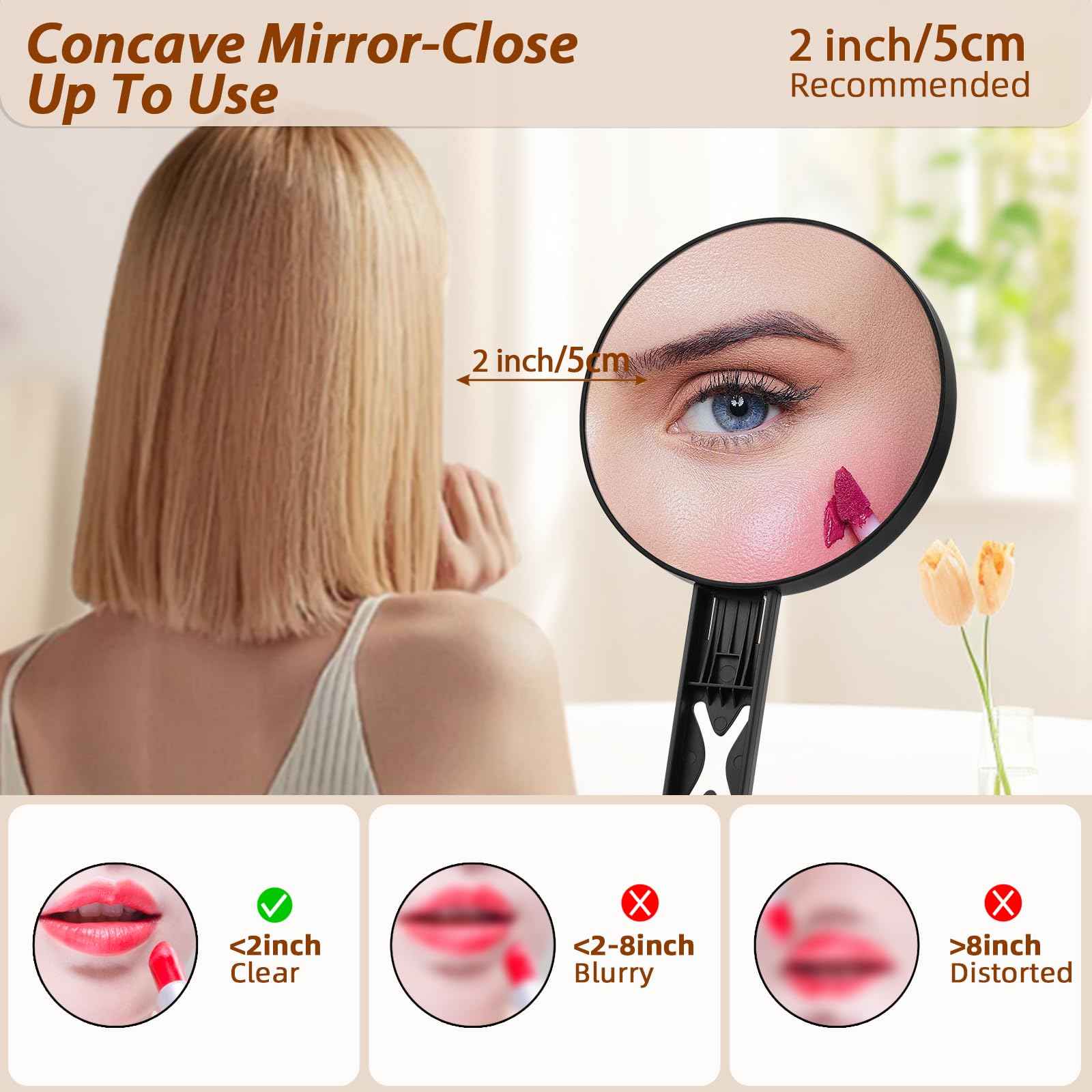 Magnifying Mirror 40X/5X Double Sided Hand Mirror, Precision Makeup at 40X Magnification & Overall View at 5X，Travel Handheld Magnified Makeup Mirror with Handle & Table Stand, Vanity Cosmetic Mirror