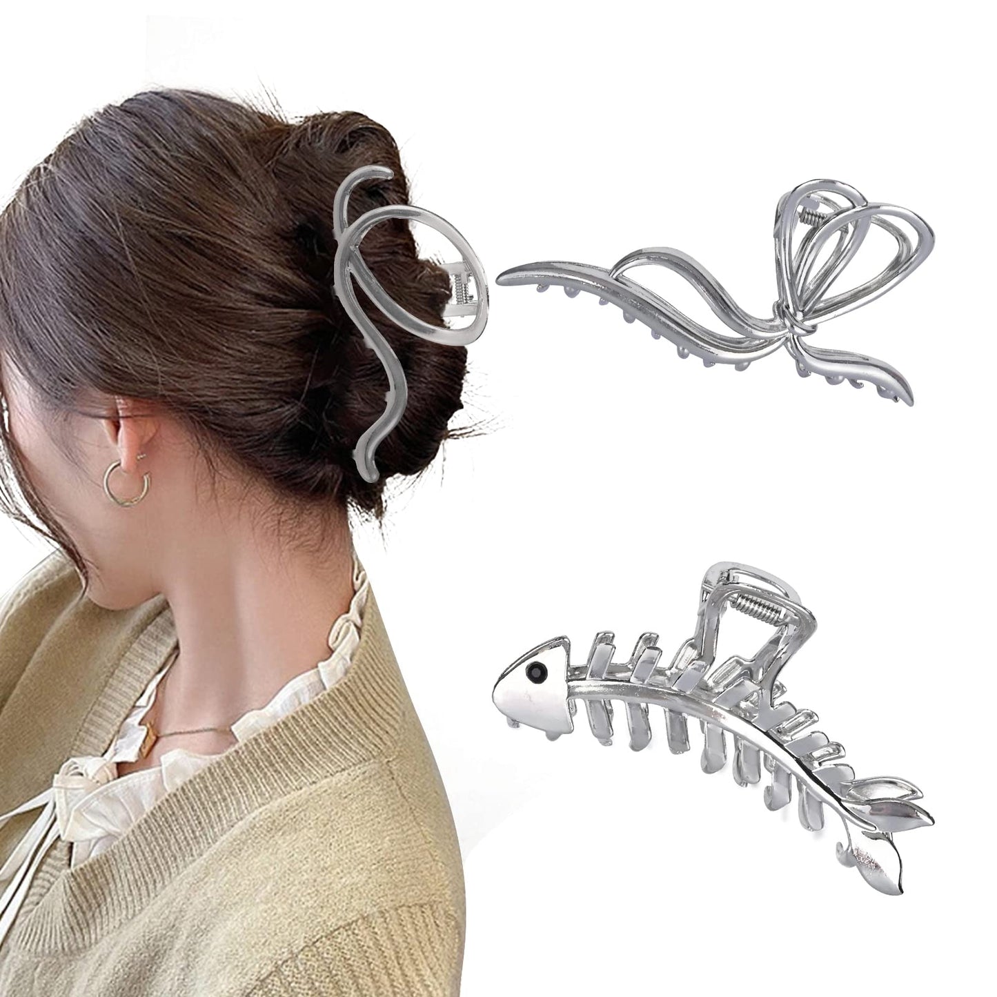 Yonchic 3-Piece Multiple Shapes Metal Hair Clips: Silvery Fish Bone Claw, Elegant Bowknot Barrettes, Strong Hold Clamps and Cute Catch Accessories