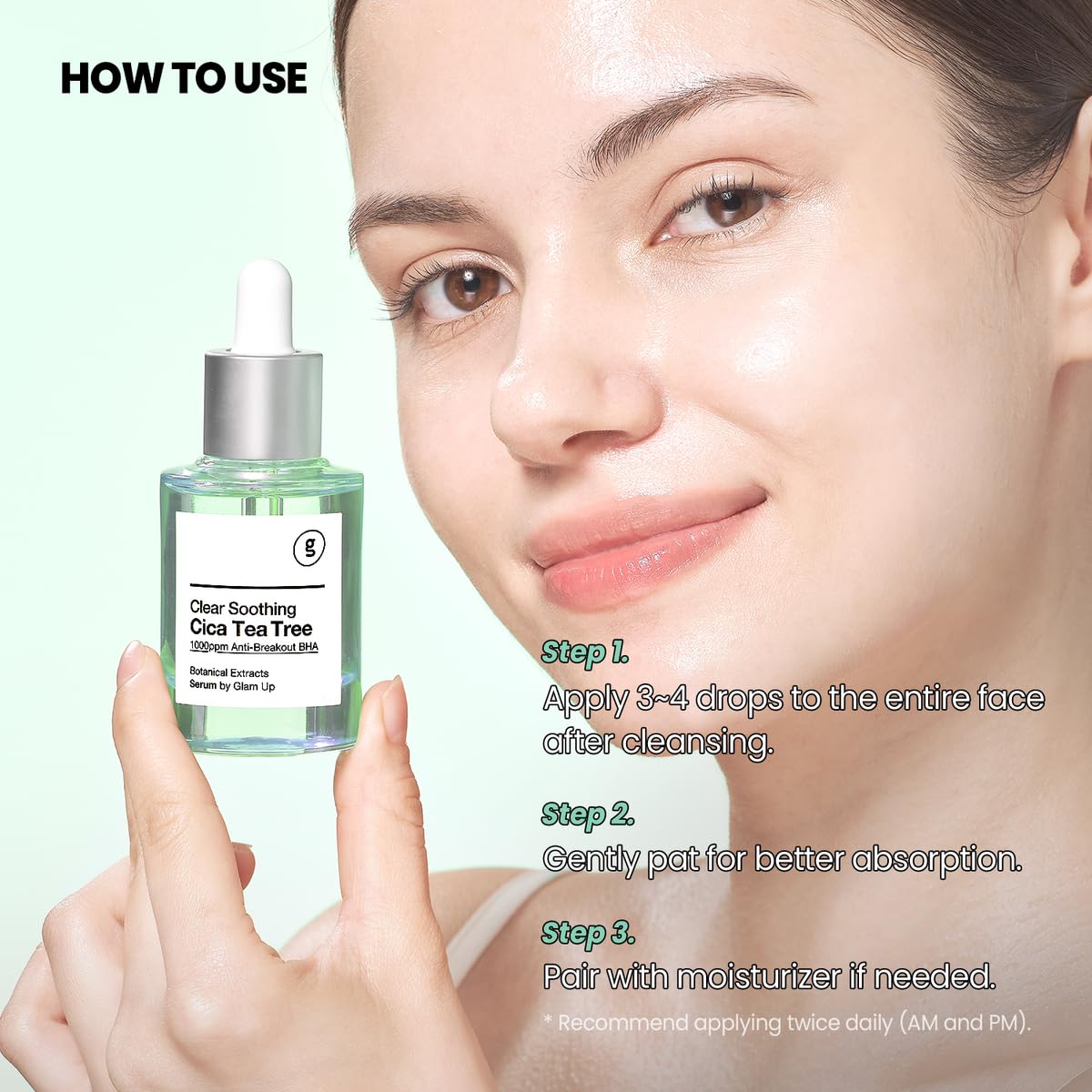 GLAM UP CICA Double Shot With HYALURON+BHA Calming Booster Acne Treatment with Centella Asiatica, Tea Tree Oil & Niacinmid for Acne Breakout, Blackhead Treatment, Sensitive Skin Care 30ml(1.12 Fl Oz)