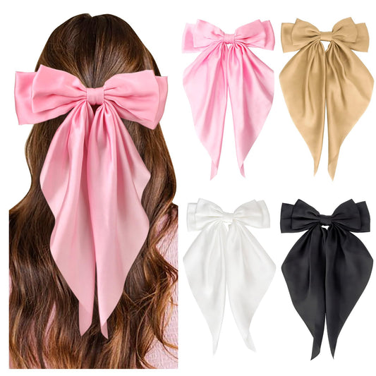 DRESHOW Silky Satin Hair Bows Big Hair Bow for Women Girls Large Ribbon Oversized Long Tail Black Hair Bow Pink Hair Bow Fashion Hair Barrette Women Bow Hair Clip Aesthetic Hair Accessories Gift 4 Pcs