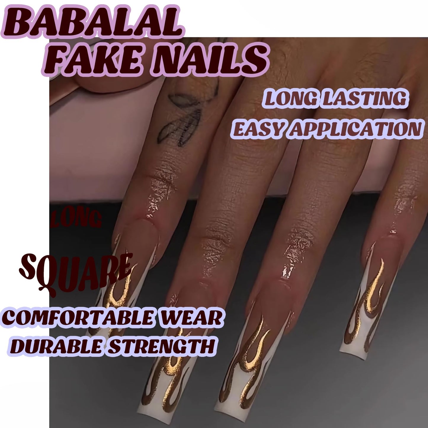 BABALAL French Tip Press on Nails Long Square Fake Nails White Glue on Nails Golden Chrome Flame Design Y2k Acrylic Nails 24Pcs Squoval Manicure False Nails for Women and Girls